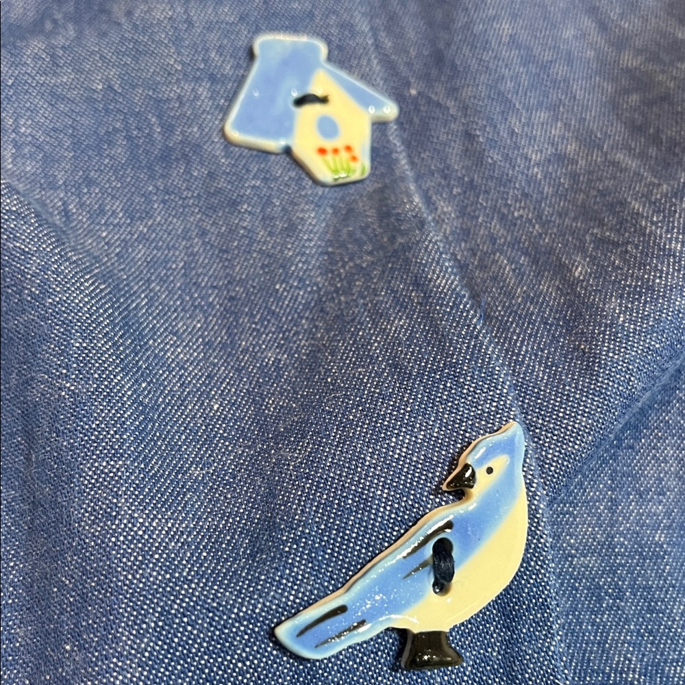 VINTAGE DOGWOOD LANE CHAMBRAY JUMPER DRESS WITH BIRD SHAPE BUTTONS BLUE SIZE L - Picture 7 of 13